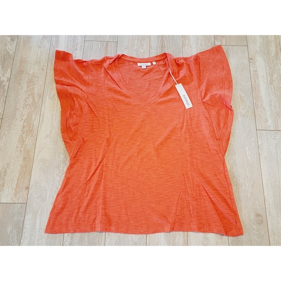 Chico's 2 Cotton Slub T-Shirt Flutter Ruffle Sleeve Orange Blossom‎ Large NWT - Picture 1 of 8
